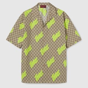 size 50 L Gucci Printed Cotton Poplin Bowling Shirt Beige Neon Green GG